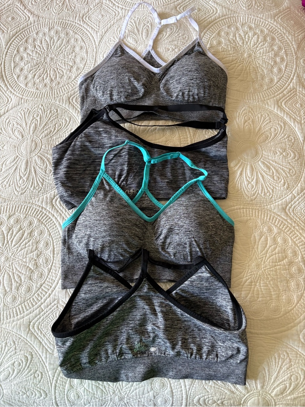 BUNDLE! 4 Heathered Gray Seamless XXL SPORTS BRAS White, Black and Teal Trim